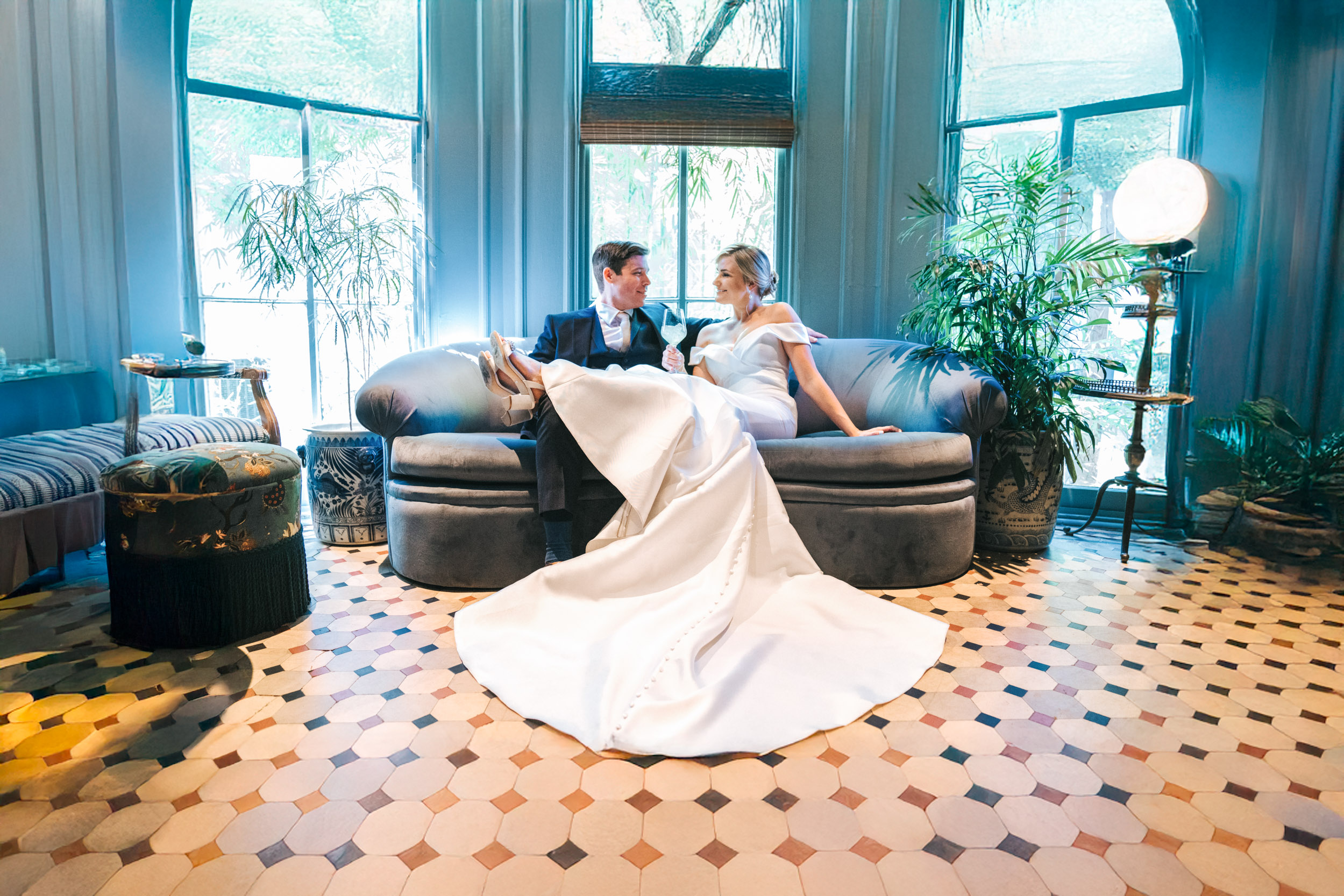 Bride and Groom relaxing before their vows at Hotel Chloe in New Orleans
